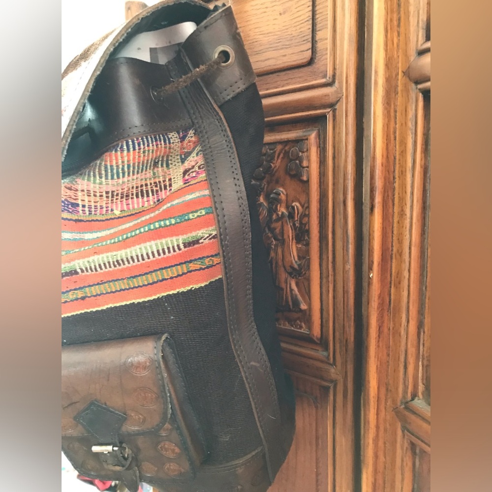 Vintage Dark Brown Tooled Leather and Woven Fabric Backpack - Picture 6 of 12